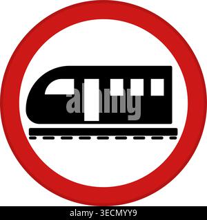 Railway Crossing Without Barrier Red Sign. Vector Icon. Train on Rails. Road Sign Stock Vector