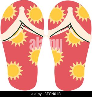 Red flip flop with sun isolated icon on transparent background. Cartoon vector illustration. Stock Vector