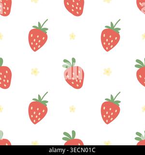 Seamless strawberry pattern with flowers in cute flat style Stock Vector