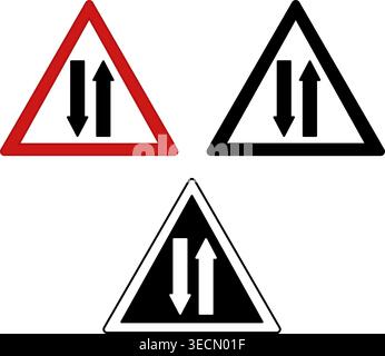 Two Way Traffic Ahead Signs. Warning Road Signs. Red, Black, and White Vector Icons Stock Vector