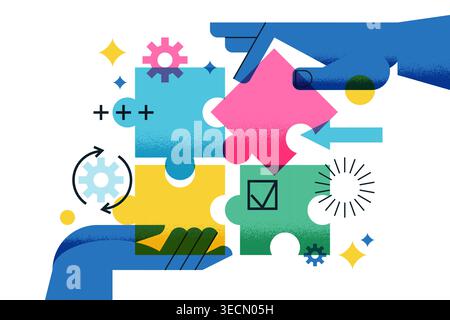 Business teamwork vector illustration. Hands assembling colorful puzzle pieces with gears and checkmark. Abstract geometric project design. Problem so Stock Vector