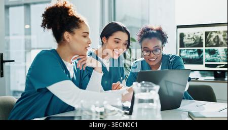 Nurses, discussion or meeting in hospital with laptop, x ray or manager advice for medical research. Healthcare worker, women and happy in clinic with Stock Photo