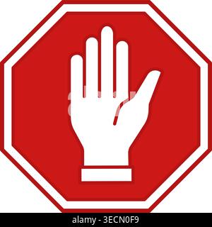 Red Stop Sign. Prohibitory Road Sign. Human Hand Raised Up. Vector Icon Stock Vector