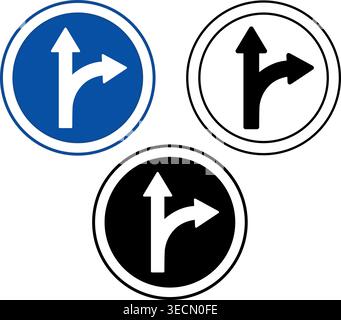 Proceed Straight Or Turn Right Signs. Blue Road Signs. Black and White Vector Icons Stock Vector