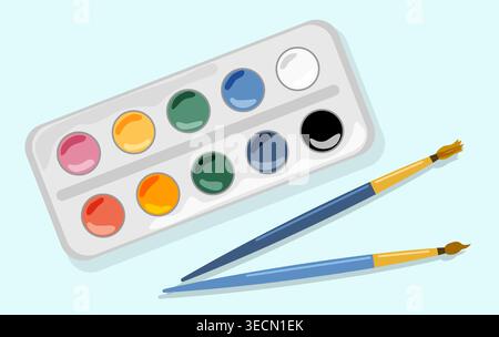 Watercolor Art Set Vector Illustration of Paint Palette with Paintbrushes for Creative Education and Elementary School Artwork Design Assets Stock Vector