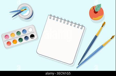 Back to School Art Set Vector Watercolor Paints Brushes and Red Apple on Desk Minimalist Open Notebook Flat Lay for Elementary Education and Stock Vector