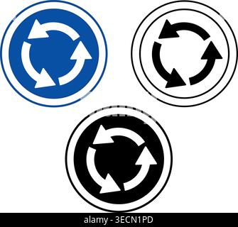 Signs Roundabout Ahead. Blue Round Road Signs. Roundabout Traffic Turn Left. Black and White Vector Icons Stock Vector