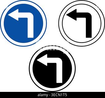 Turn Left Ahead Signs. Blue Round Road Signs. Black and White Vector Icons Stock Vector