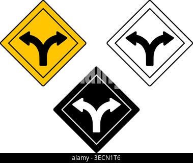 Fork in the Road Signs. Yellow Road Sign. Black and White Vector Icons Stock Vector