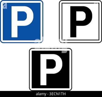 Signs Parking. Blue Square Road Signs. Shows Driver Where to Park Car. Black and White Vector Icons Stock Vector