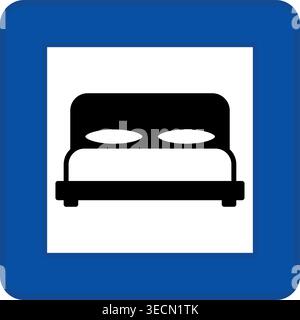 Blue Sign Motorway Hotel. Square Road Sign. Warning of Nearby Rest Hostel. Vector Icons Stock Vector