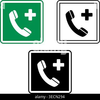 Signs Emergency Telephone. Green Square Road Sign. Black and White Vector Icons Stock Vector