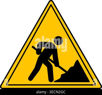 Yellow Road Works Sign. Warning Road Sign. Man Working On Road. Vector Icon Stock Vector