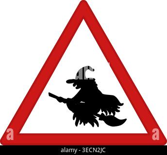 Red Sign Attention Witch Road. Warning Road Sign. Evil Witch Flying on a Broom. Vector Icon Stock Vector