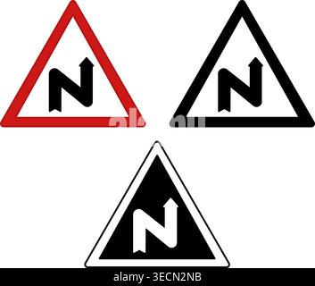 Signs Double Bend. Red Road Signs. Black and White Vector Icons Stock Vector