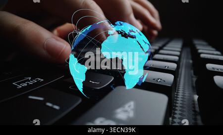 Global network connection visualization showing data exchange, digital link, worldwide communication. Global data flow and digital network Stock Photo