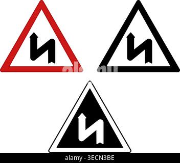 Double Bend Signs. Red Road Signs. Black and White Vector Icons Stock Vector