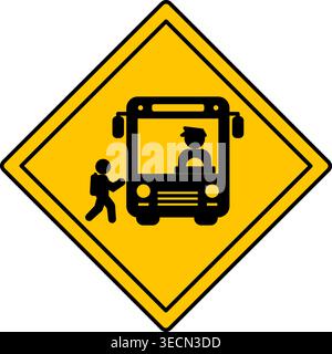 Yellow Sign School Bus Warning. Road Sign. Bus Stop. Schoolboy Entering School Bus With Driver. Vector Icons Stock Vector