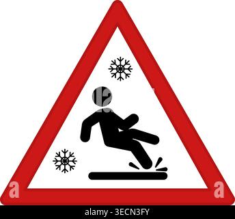 Red Sign Slippery Road. Warning Road Sign. Man Falling on Winter Slippery Road. Vector Icons Stock Vector