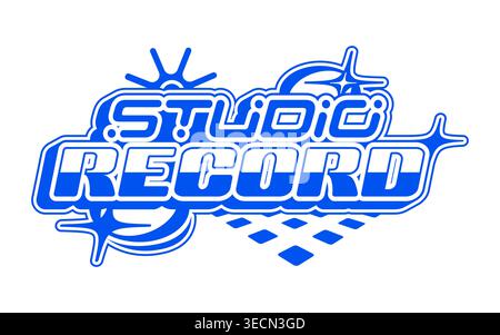 Blue Y2K streetwear studio record icon or label. Apparel typography retro icon, brand graphic Y2K isolated vector print. Clothing text funky label element or streetwear futuristic vintage emblem Stock Vector