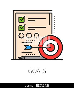 Product quality goals inspection icon or pictogram. Regulatory certification icon, factory regulation inspection color line vector pictogram. Business goals symbol with checklist and arrow in target Stock Vector