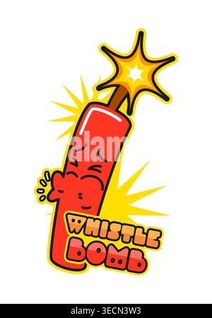 Dynamite bomb and explosion vintage Y2K sticker or patch. Bomb retro hippie vector tag, funny TNT grenade Y2K label. Whistling dynamite cute character, explosive funky patch or sticker Stock Vector