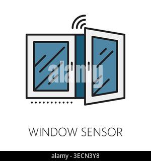 Home security window sensor color line icon or symbol. Home security company line vector symbol, safety technology lineart pictogram. Building alarm service sign or icon with home opened window Stock Vector