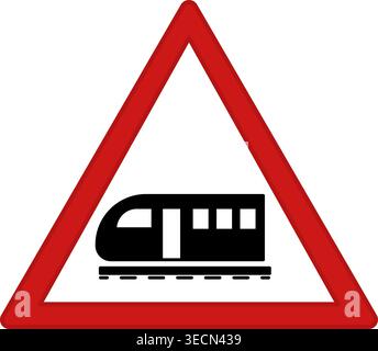 Red Sign Train. Warning Road Sign. Railway Station. Vector Icon Stock Vector
