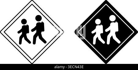 Signs Caution School Crossing. Warning Road Signs. Children Crossing Road. Black and White Vector Icons Stock Vector