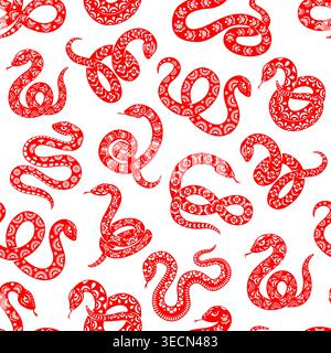 Asian snake reptiles seamless pattern. Red snakes intricately decorated with white floral and geometric ornaments, textile pattern, folk art and culture, traditional festival decorations pattern Stock Vector