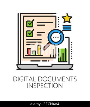 Digital document inspection icon or label. Production documents control symbol, factory regulation color line vector pictogram. Product quality inspection icon with laptop and magnifying glass Stock Vector