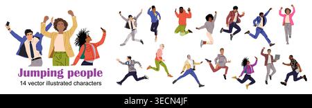 Diverse jumping people set showing joy, success Stock Vector