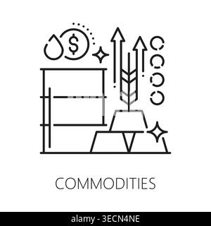 Investment commodities, finance line icon or emblem. Stock market investor fund vector pictogram, investment commodities icon. Venture capital company symbol with oil barrel, wheat ear and gold bars Stock Vector