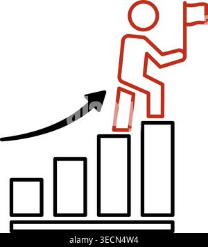 Success icon. Vector Illustration of a Man with a Flag Walking Up a Diagram. Successful Business Development Concept Stock Vector