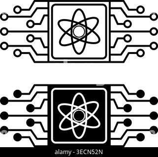 Quantum Computing Icons. Black and White Icon. Vector Illustration of Microchip and Atom Sign. Technology Concept Stock Vector