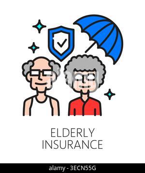 Elderly care service insurance color line icon or label. Elderly help work lineart sign, senior social support center vector symbol. Old people nursing and care service icon with happy elderly couple Stock Vector