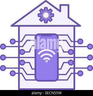 Colored Smart Home Icon. Home Automation. Vector Illustration of House, Gear, Mobile Phone, and Wi-Fi Internet. Technology Concept Stock Vector