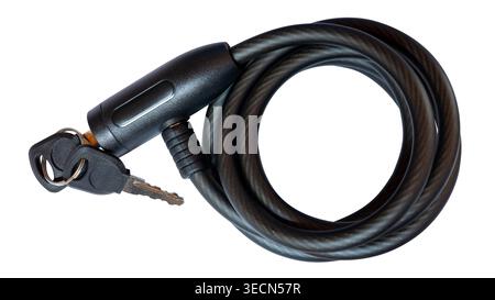 black bicycle lock with keys, isolated security cable lock on white background Stock Photo