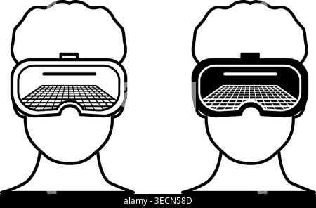 Virtual Reality icons. Black and White Icons. Vector Illustration of a Virtual Reality Headset on a Man. Technology Concept Stock Vector