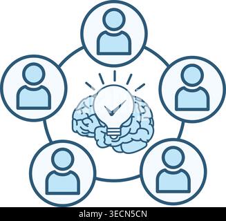 Colored Brainstorming Icon. Discussion of New Creative Projects. Vector Illustration of People, Brain, and Glowing Light Bulb. Business and Teamwork C Stock Vector