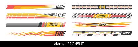 Dynamic racing car graphics with bold stripes and checkered flags, perfect for sport vehicle wraps, stickers, and decals in vibrant red, black, and wh Stock Vector