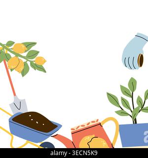 Frame of gardening tools and a lemon tree in a Mediterranean garden style. Includes a wheelbarrow, watering can, and a hand planting seeds. Gardening Stock Vector