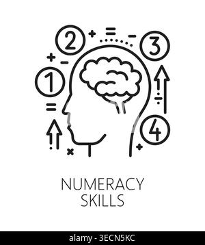 Numeracy life skills line icon or symbol. Personal life skills linear vector pictogram, human numeracy ability symbol. People quality sign with human brain in head silhouette, math calculations Stock Vector