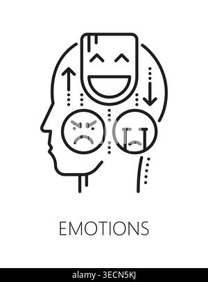 Emotions control mental health, psychology line icon or symbol. Mental health problem and psychotherapy vector icon. Cognitive disorder sign with head silhouette, negative and positive emotions emoji Stock Vector