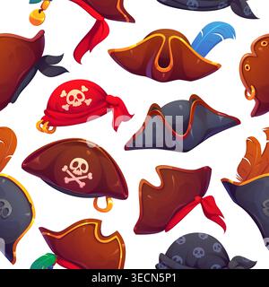 Cartoon pirate tricorn hats and bandanas seamless pattern. Textile seamless pattern or vector print with corsair pirate, sailor tricorn hats, bandanas with parrot feathers, skulls and golden earrings Stock Vector
