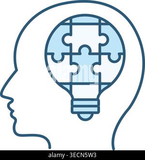 Colored Solution Icon. Vector Icon of a Light Bulb in the Form of a Puzzle and a Human Head. Business and Teamwork Concept Stock Vector