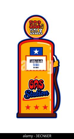 USA gas station vintage Y2K sticker or symbol. USA flag colors retro vector label, United States of America vintage patch. American industry 60s 70s sticker or Y2K tag with old gas station fuel pump Stock Vector