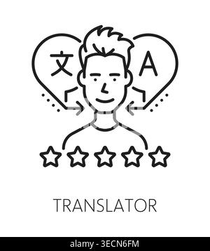 English language translator line icon or pictogram. Foreign speech dictionary thin line vector sign, translation linear icon. English language vocabulary symbol with young man translator character Stock Vector
