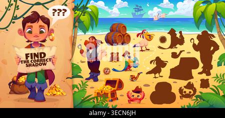 Kids game worksheet, find correct shadow of Caribbean pirates. Cartoon puzzle with pirate captain, parrot, crab, seagull, treasure chest and gold coin. Vector worksheet for educational activity books Stock Vector