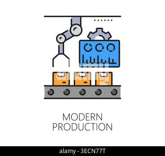 Automatic modern production, manufacture icon or pictogram. Automated plant color line icon, industrial mass production vector pictogram. Manufacture innovation sign with robotic hand and conveyor Stock Vector
